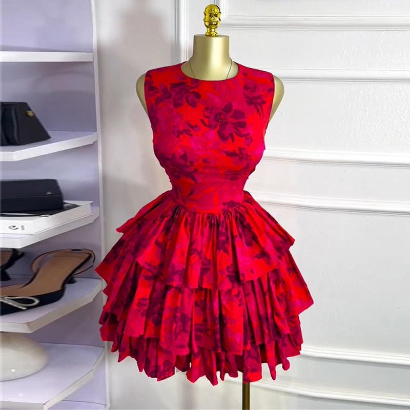 European and American Women's 2026 Summer New Sweet and Fresh Printed Collar Sleeveless High Waisted Women's Casual Dress