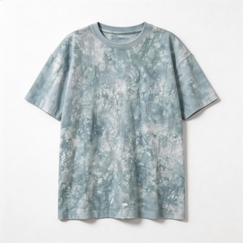 Light Blue Tie Dye T-Shirt with Distressed Vertical Stitch Details Oversized Casual Streetwear Tee for Unisex