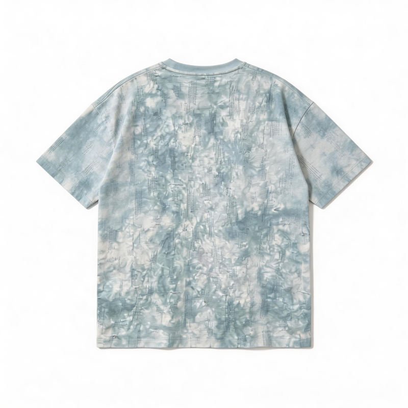 Light Blue Tie Dye T-Shirt with Distressed Vertical Stitch Details Oversized Casual Streetwear Tee for Unisex