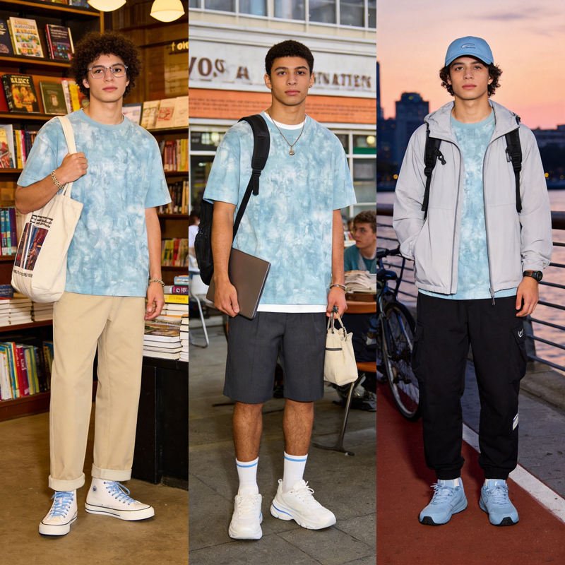 Light Blue Tie Dye T-Shirt with Distressed Vertical Stitch Details Oversized Casual Streetwear Tee for Unisex