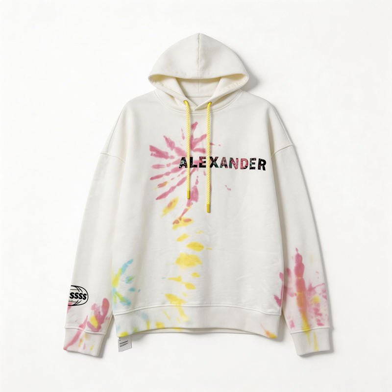 White Geometric Tie Dye Knitted Breathable Hoodie with Oversized Drawstring Casual Autumn Streetwear Pullover ODM