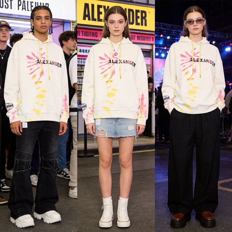 White Geometric Tie Dye Knitted Breathable Hoodie with Oversized Drawstring Casual Autumn Streetwear Pullover ODM