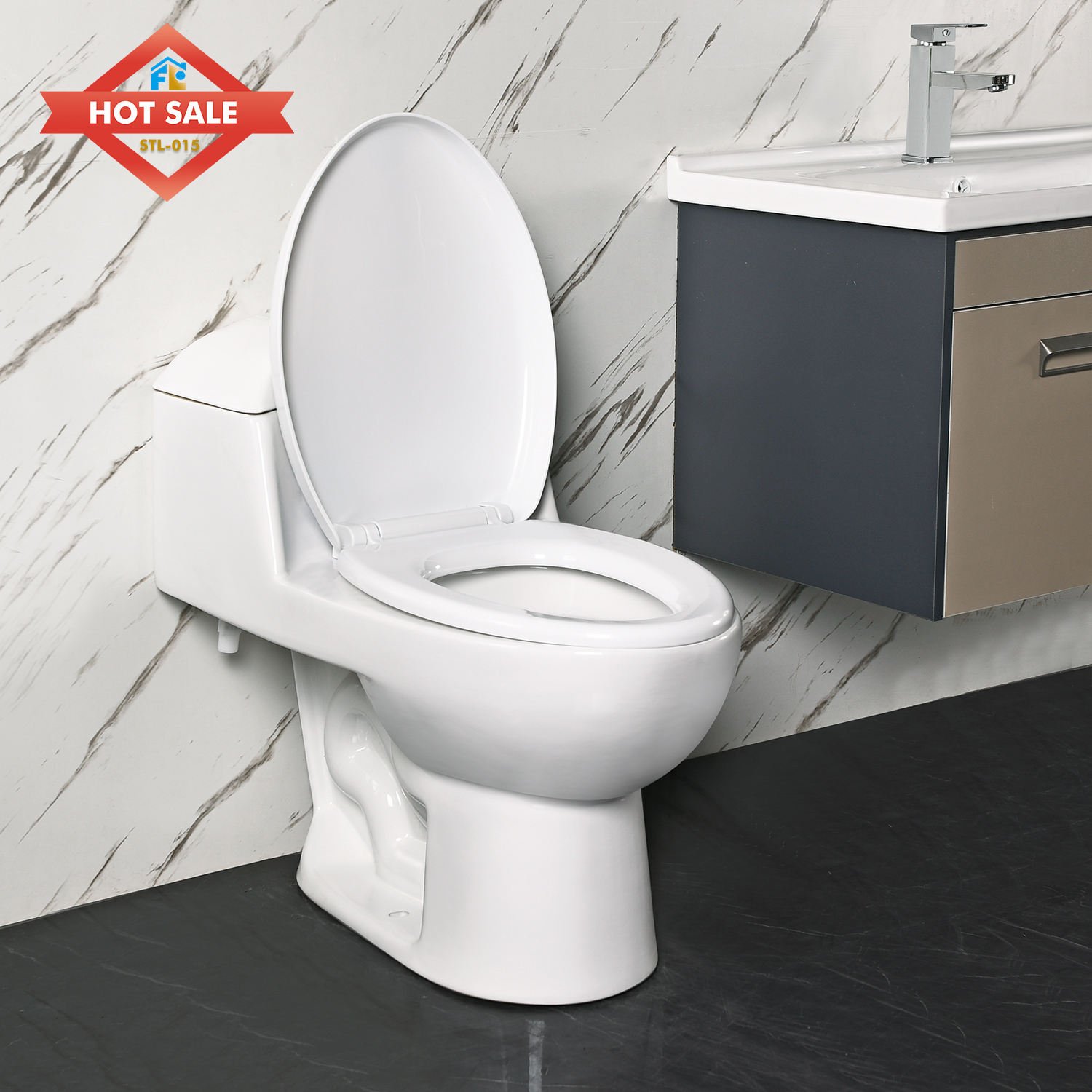 Colombia Dual-Flush Ceramic Toilet with Oval Water Cistern Floor Mounted Elongated Bowl S-Trap One Piece Bathroom Accessory