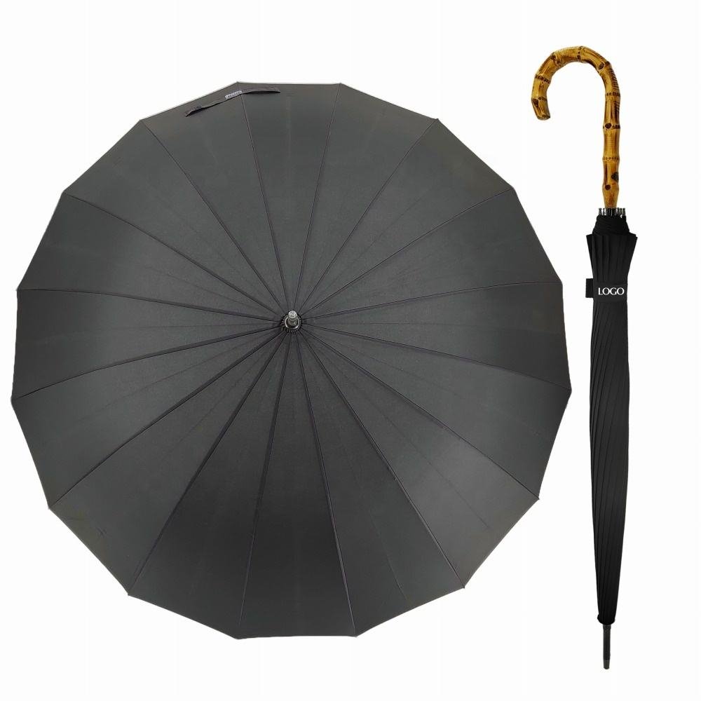 Bamboo Umbrella Long Classic 27-Inch 16-Ribs Stormproof Stick Bamboo Handle Straight Umbrella PFOA-Free RPET Fabric Umbrella