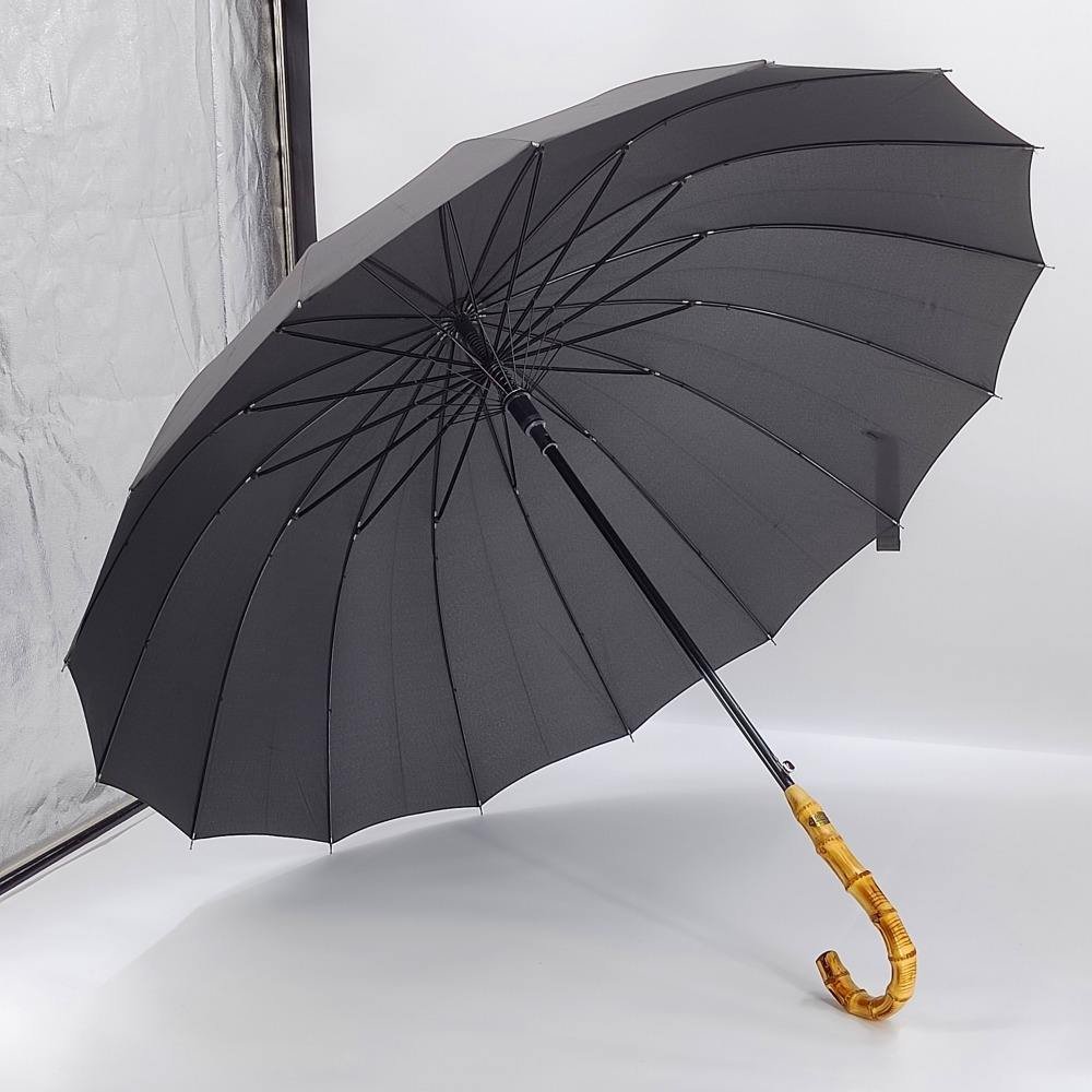 Bamboo Umbrella Long Classic 27-Inch 16-Ribs Stormproof Stick Bamboo Handle Straight Umbrella PFOA-Free RPET Fabric Umbrella