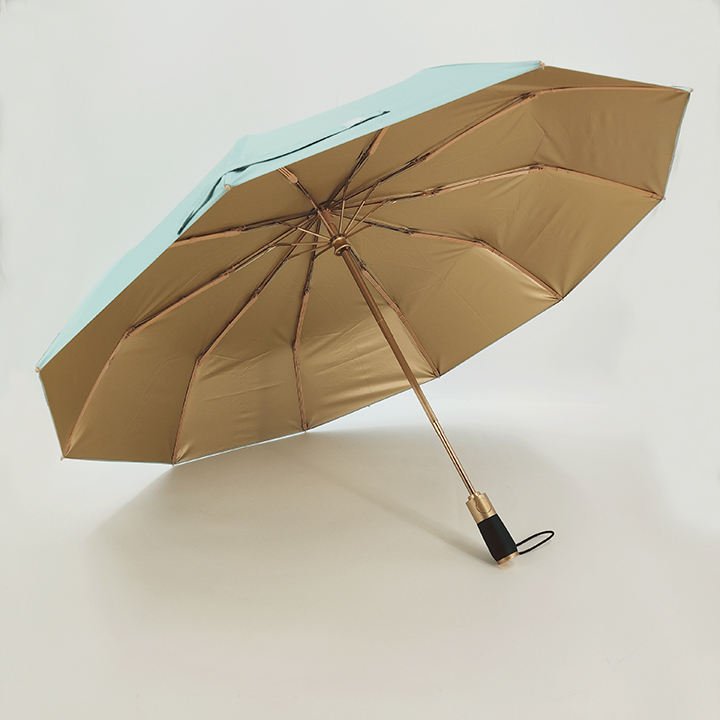 Full Automatic Travel Umbrella Wooden Electroplated Plastic Handle PU Coated Pongee Fabric UV Protection Custom Logo 105cm Open