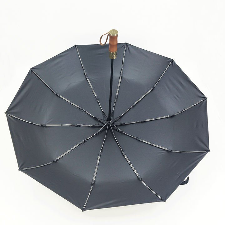 Full Automatic Travel Umbrella Wooden Electroplated Plastic Handle PU Coated Pongee Fabric UV Protection Custom Logo 105cm Open