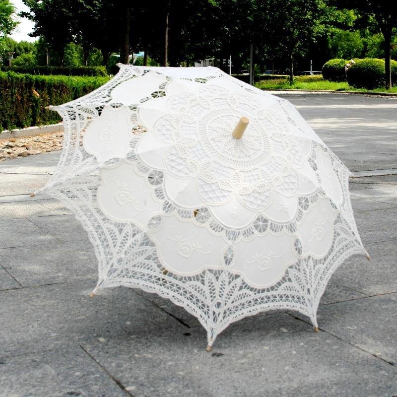 New Straight Embroidery Lace Cotton Victorian Folding Manual Umbrella with Alloy Ribs for Wedding Parasol
