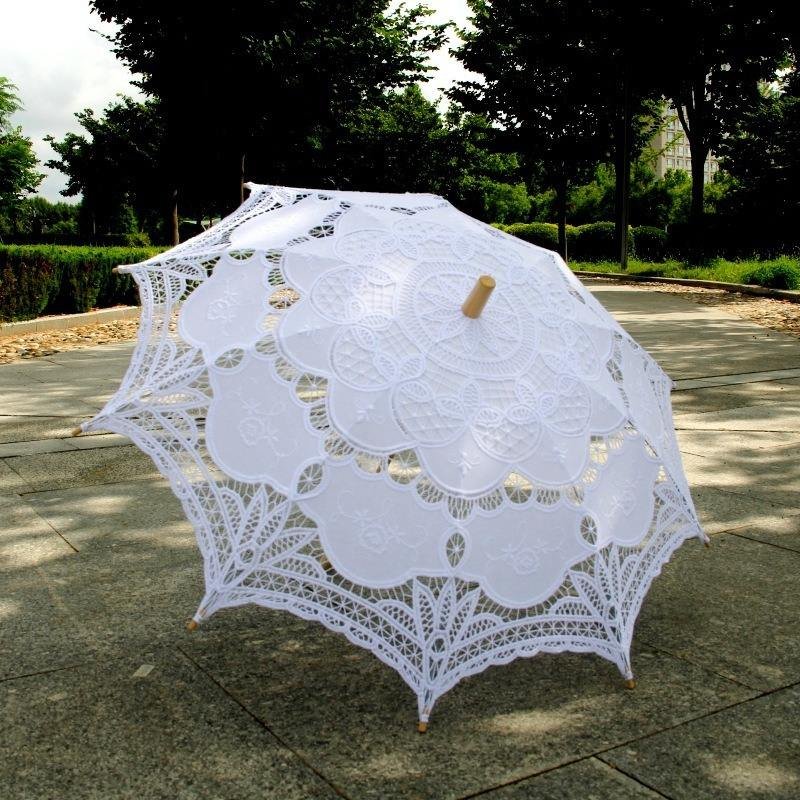 New Straight Embroidery Lace Cotton Victorian Folding Manual Umbrella with Alloy Ribs for Wedding Parasol