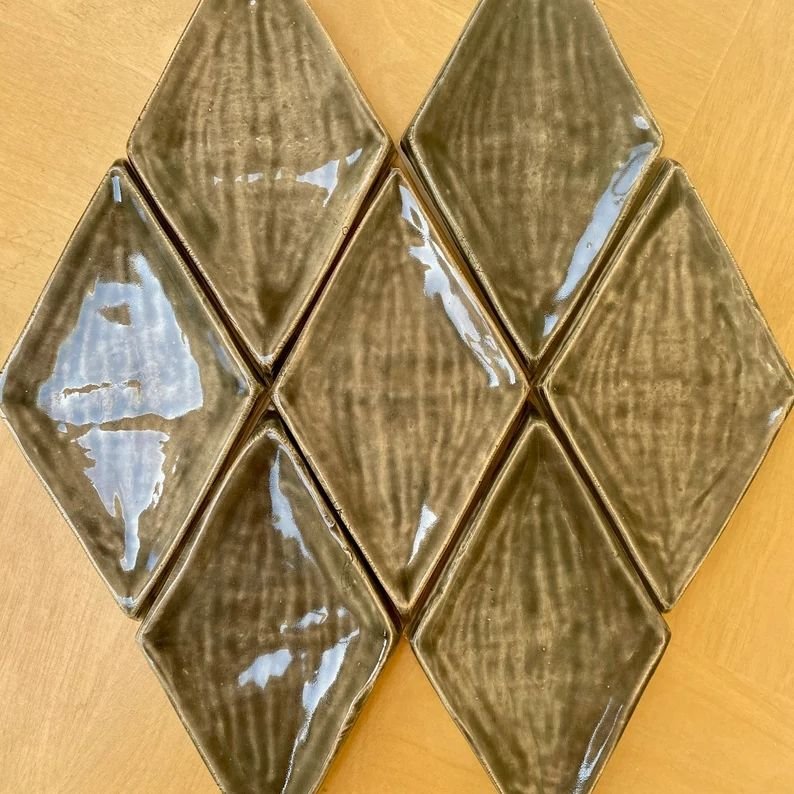 Handmade Modern Style Glazed Ceramic Clay Concave Diamond Tiles Warm Glossy Brown Custom Backsplash for Bathroom Wall Table Top