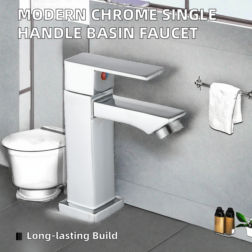 Modern Square Single-Handle Chrome Single Cold Water Wash Wholesale Deck Mounted Zinc Electric Faucets for Bathroom Basin Faucet