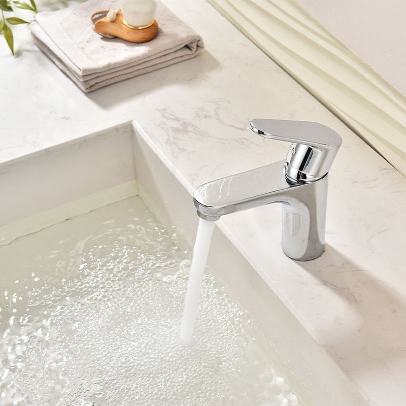 Contemporary Stainless Steel Single Hole Deck-Mounted Metered Bathroom Faucet Blackened Ceramic Valve Core Single Handle Hall
