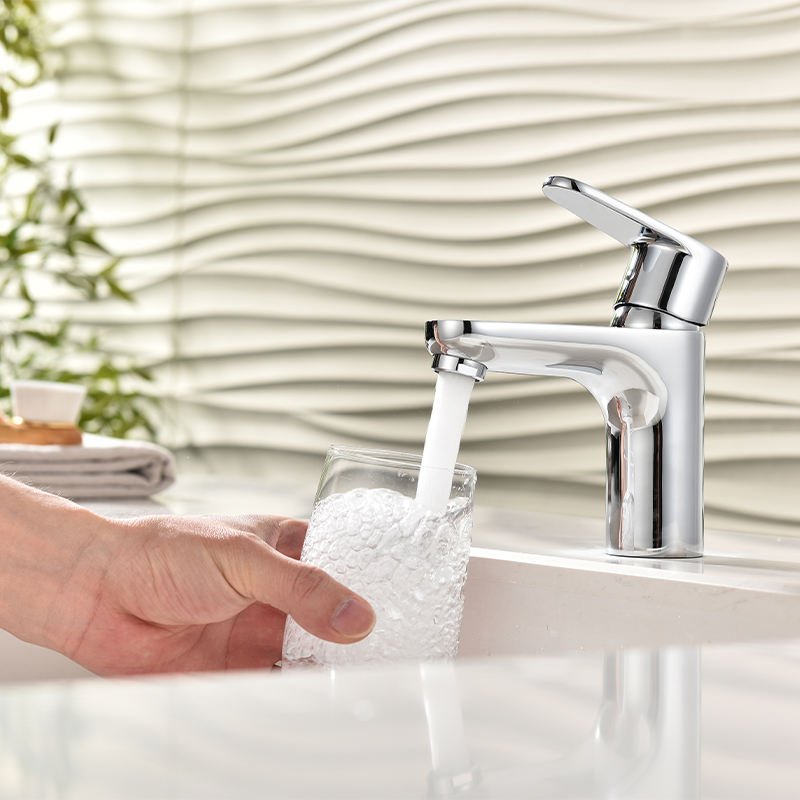 Contemporary Stainless Steel Single Hole Deck-Mounted Metered Bathroom Faucet Blackened Ceramic Valve Core Single Handle Hall