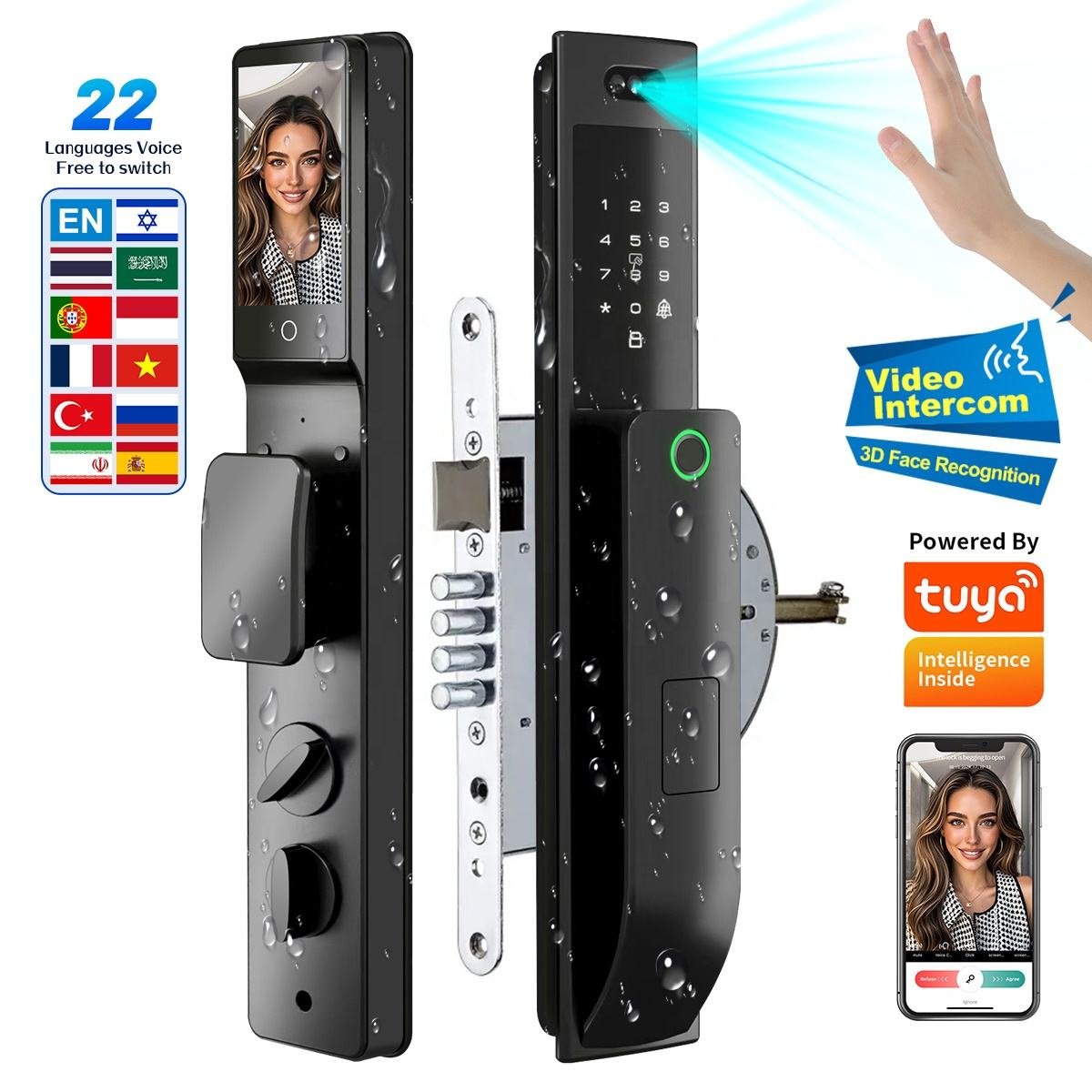 HanDaily Waterproof Smart Door Locks with Camera Video Intercom Palm Face Recognition Smart Lock Tuya Wifi App Remote Control