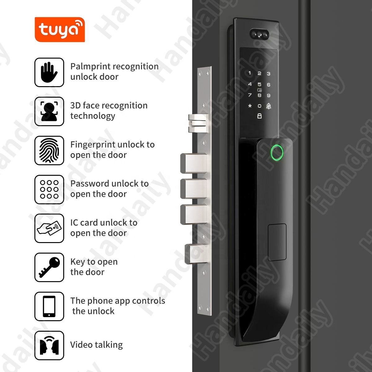HanDaily Waterproof Smart Door Locks with Camera Video Intercom Palm Face Recognition Smart Lock Tuya Wifi App Remote Control