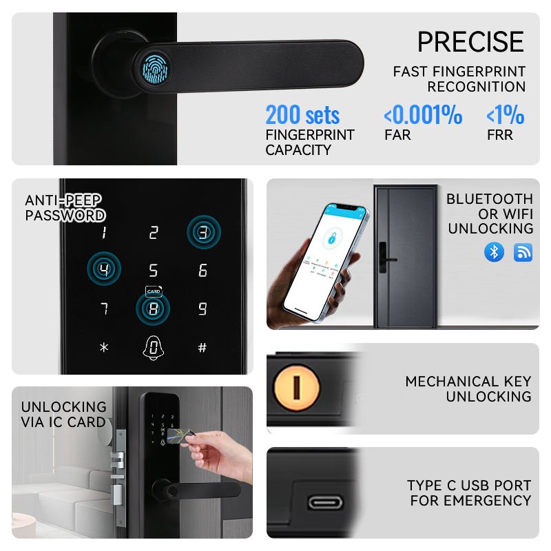 Security Digit Electric Electronic Handle Digital Tuya Ttlock Cerraduras Inteligentes Con Wifi Keys Fingerprint Smart Lock Black
