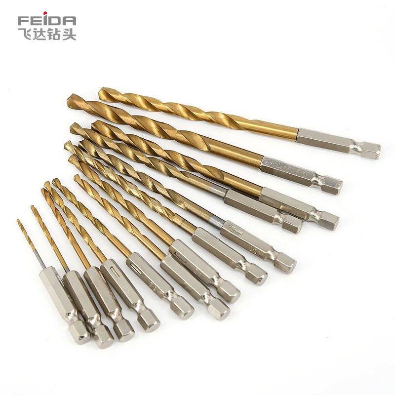 FEIDA Customized High Speed HSS Twist Drill Bit Titanium-Plated Straight Stainless Steel Metal Bit M2 Hexagonal Handle for