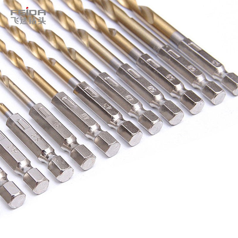 FEIDA Customized High Speed HSS Twist Drill Bit Titanium-Plated Straight Stainless Steel Metal Bit M2 Hexagonal Handle for