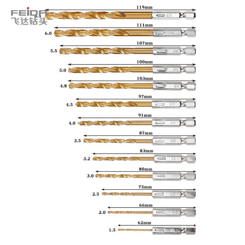 FEIDA Customized High Speed HSS Twist Drill Bit Titanium-Plated Straight Stainless Steel Metal Bit M2 Hexagonal Handle for