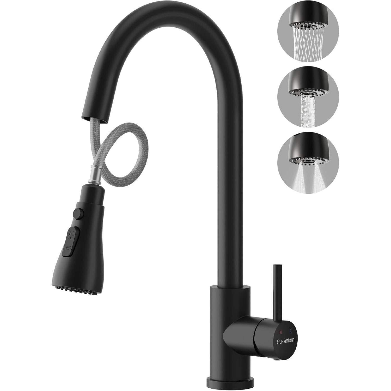 Modern Pull Out Stainless Steel Kitchen Sink Mixer Taps 1 Hole with 3 Spray Modes Pull Down Faucet with High Arc 360°Swivel