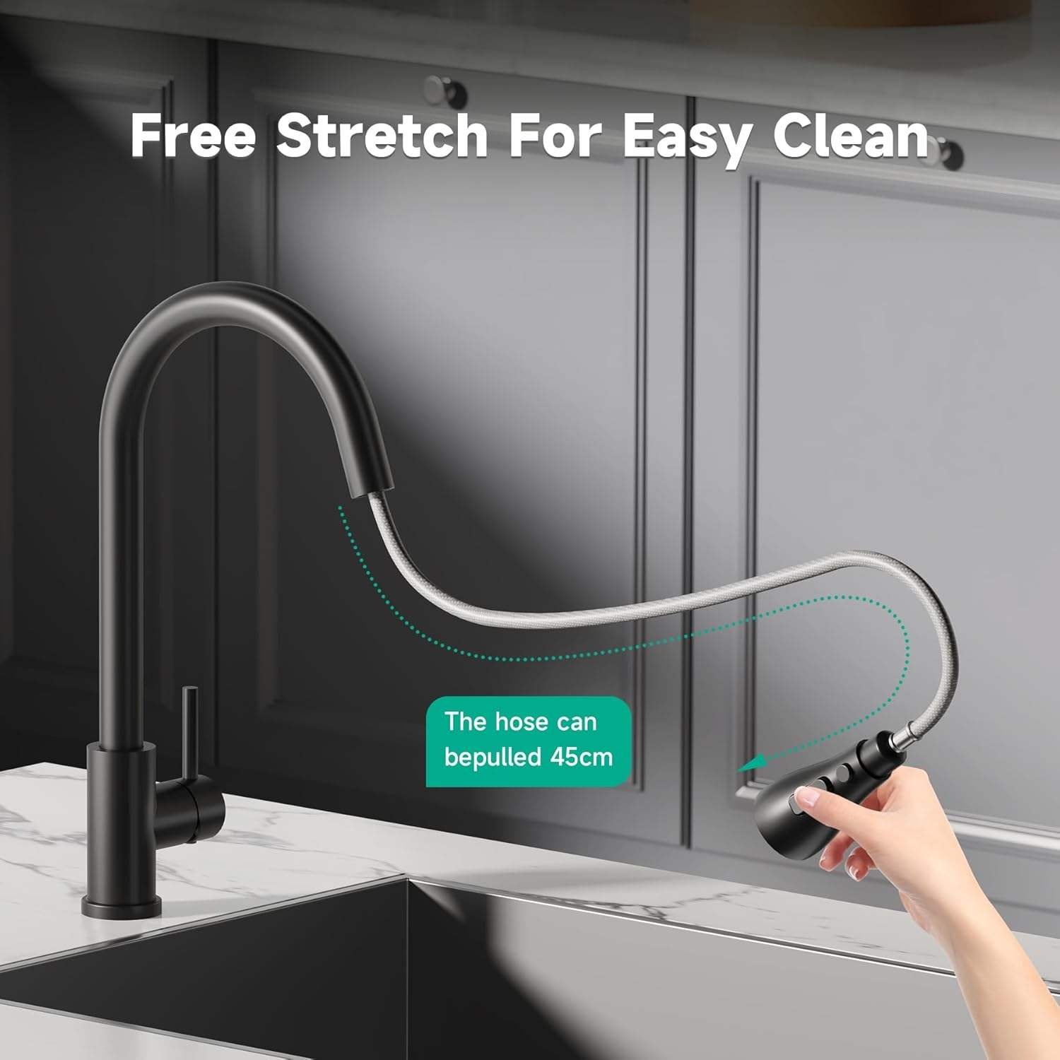 Modern Pull Out Stainless Steel Kitchen Sink Mixer Taps 1 Hole with 3 Spray Modes Pull Down Faucet with High Arc 360°Swivel