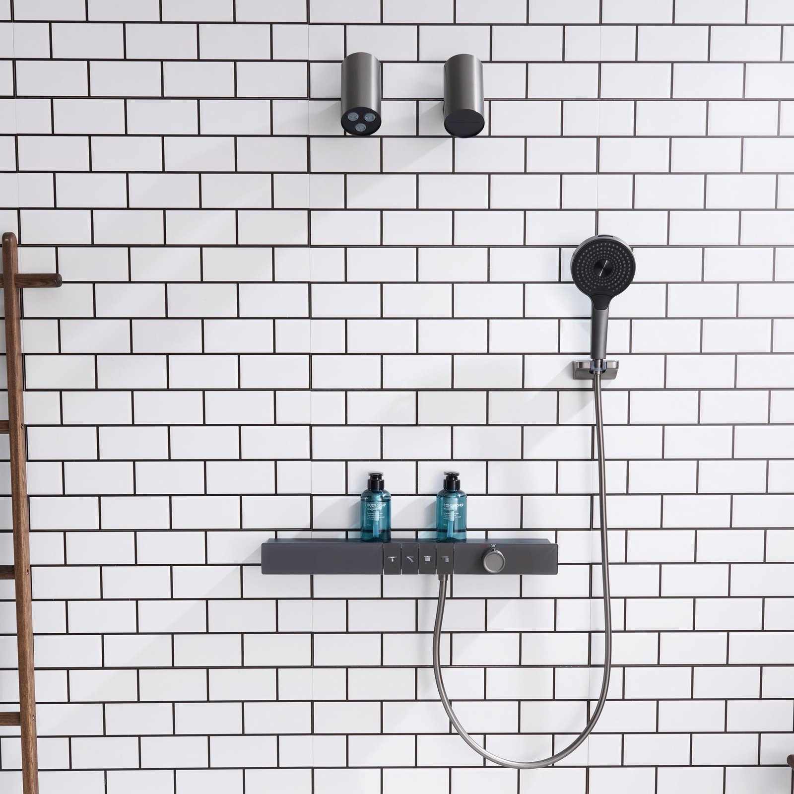 Wall Mounted Concealed Gun Metal Gray Shower System Multifunctional Digital Display Thermostat Shower Head with Storage Rack