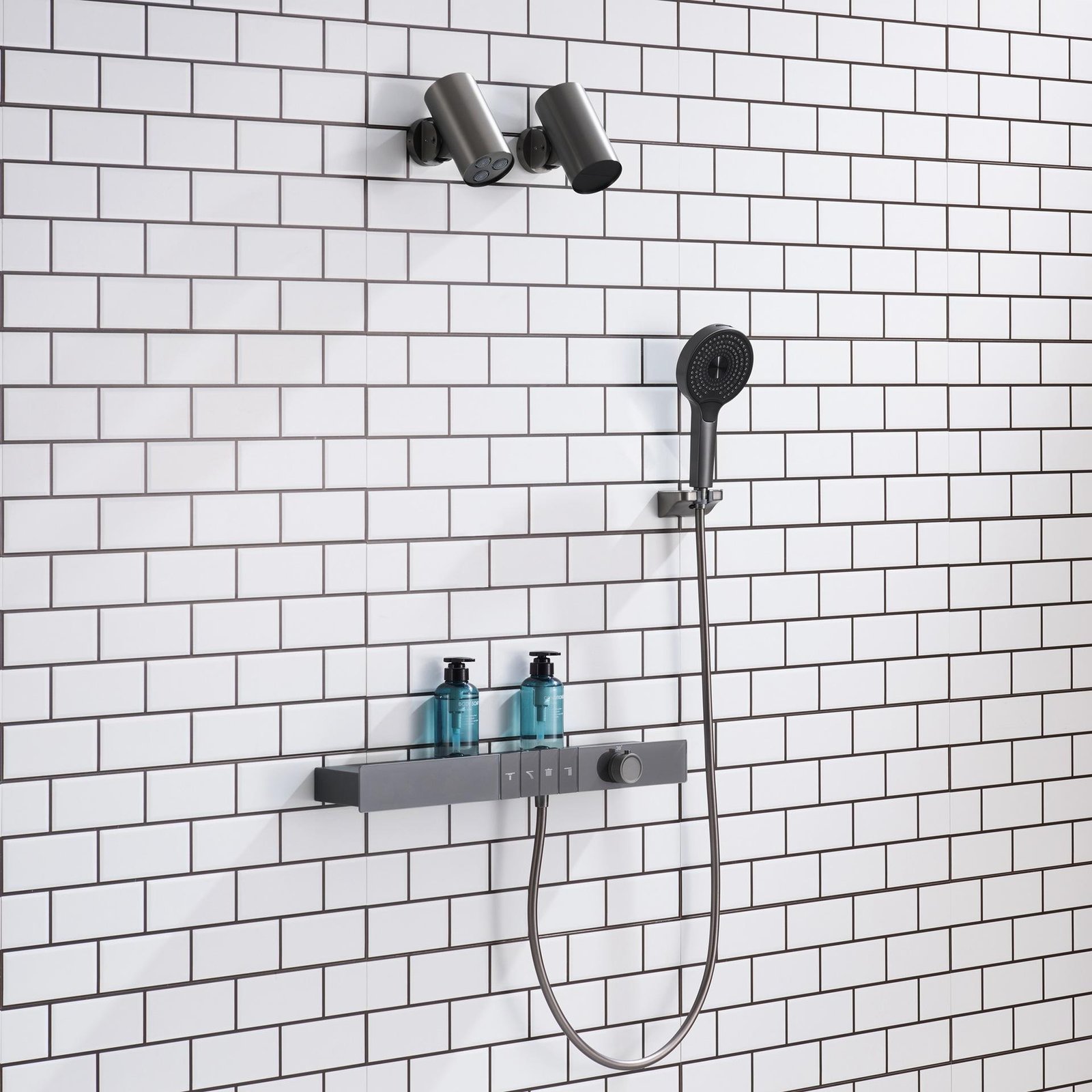 Wall Mounted Concealed Gun Metal Gray Shower System Multifunctional Digital Display Thermostat Shower Head with Storage Rack