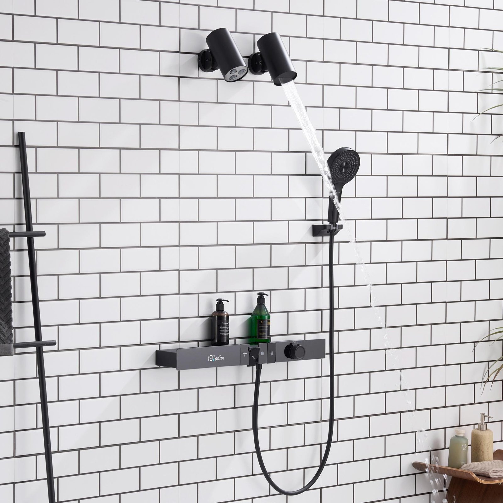 Wall Mounted Concealed Gun Metal Gray Shower System Multifunctional Digital Display Thermostat Shower Head with Storage Rack