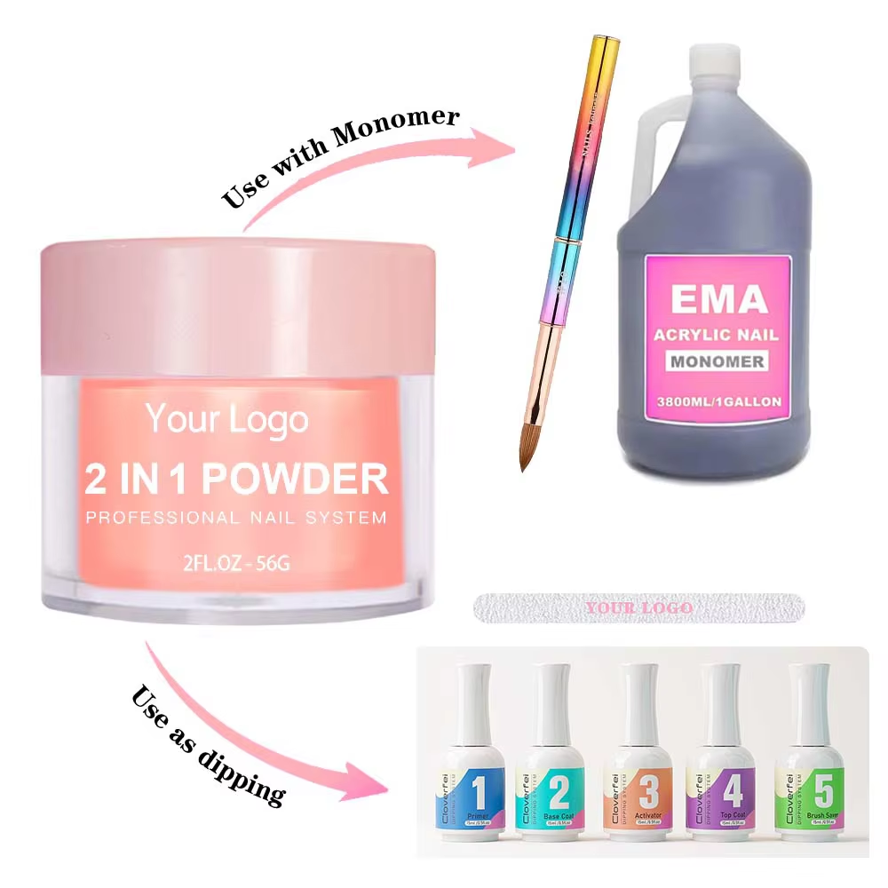 Professional 2 in 1 Clear Acrylic Dip Powder Custom Private Label Nail Dipping Powder for Salon Wholesale Nail Supplies