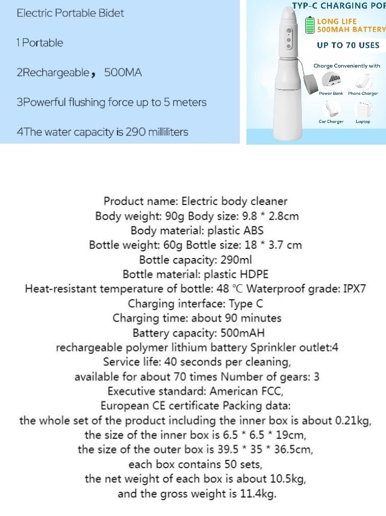 Electric Travel Portable Toilet Bidet with 3 Pressure Options Rechargeable Postpartum Care & Personal Hygiene Cleaning