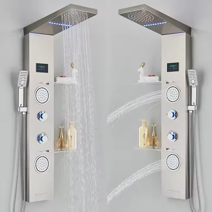 Hot Selling Brushed Stainless Steel Wall Mounted LED Shower Panel Thermostatic Faucets Waterfall Rain Pattern Ceramic for Hotels