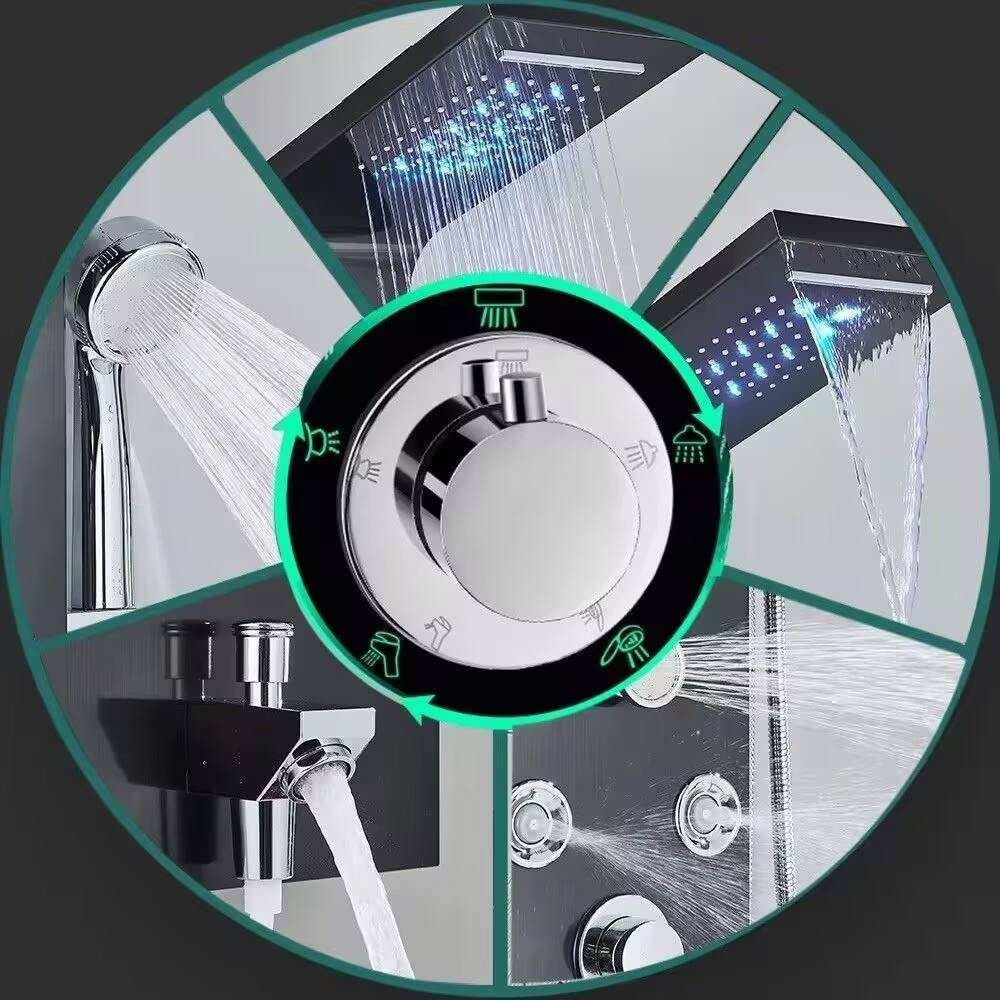 Hot Selling Brushed Stainless Steel Wall Mounted LED Shower Panel Thermostatic Faucets Waterfall Rain Pattern Ceramic for Hotels