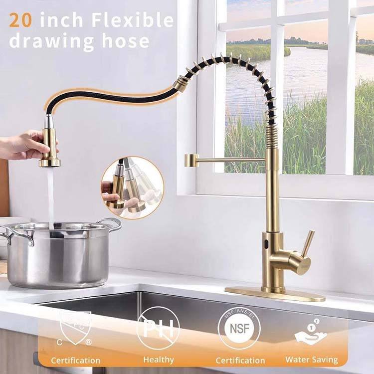 Modern Gold Stainless Steel Single Handle Single Touchless Kitchen Faucet Drop-Down Pull Spray Contemporary Ceramic Valve Core
