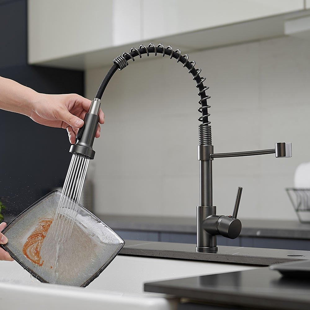 Modern Brass Black Single Handle Deck Mounted Kitchen Faucet Single Hole Commercial Sink Mixer Tap Pull Sprayer Ceramic Valve