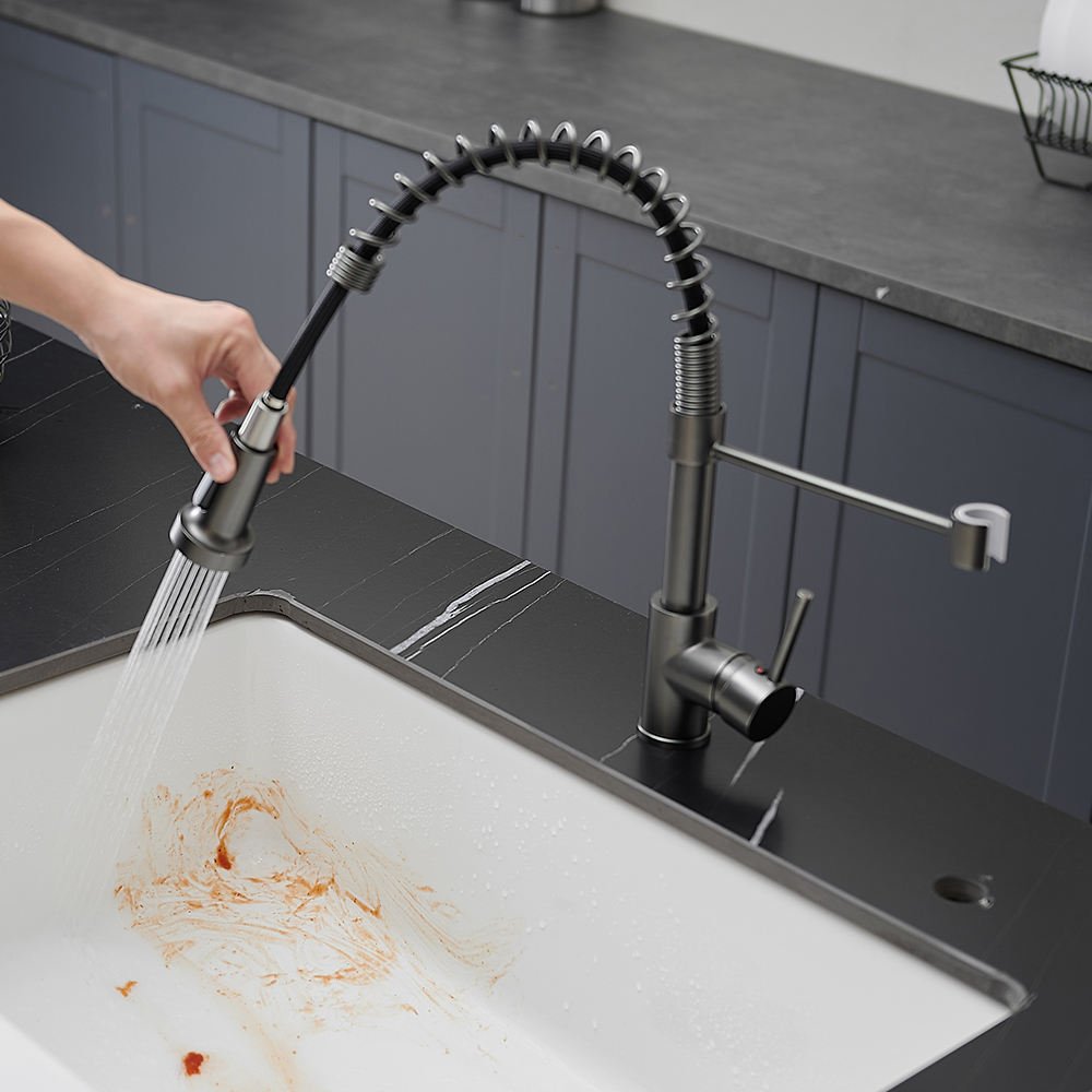 Modern Brass Black Single Handle Deck Mounted Kitchen Faucet Single Hole Commercial Sink Mixer Tap Pull Sprayer Ceramic Valve