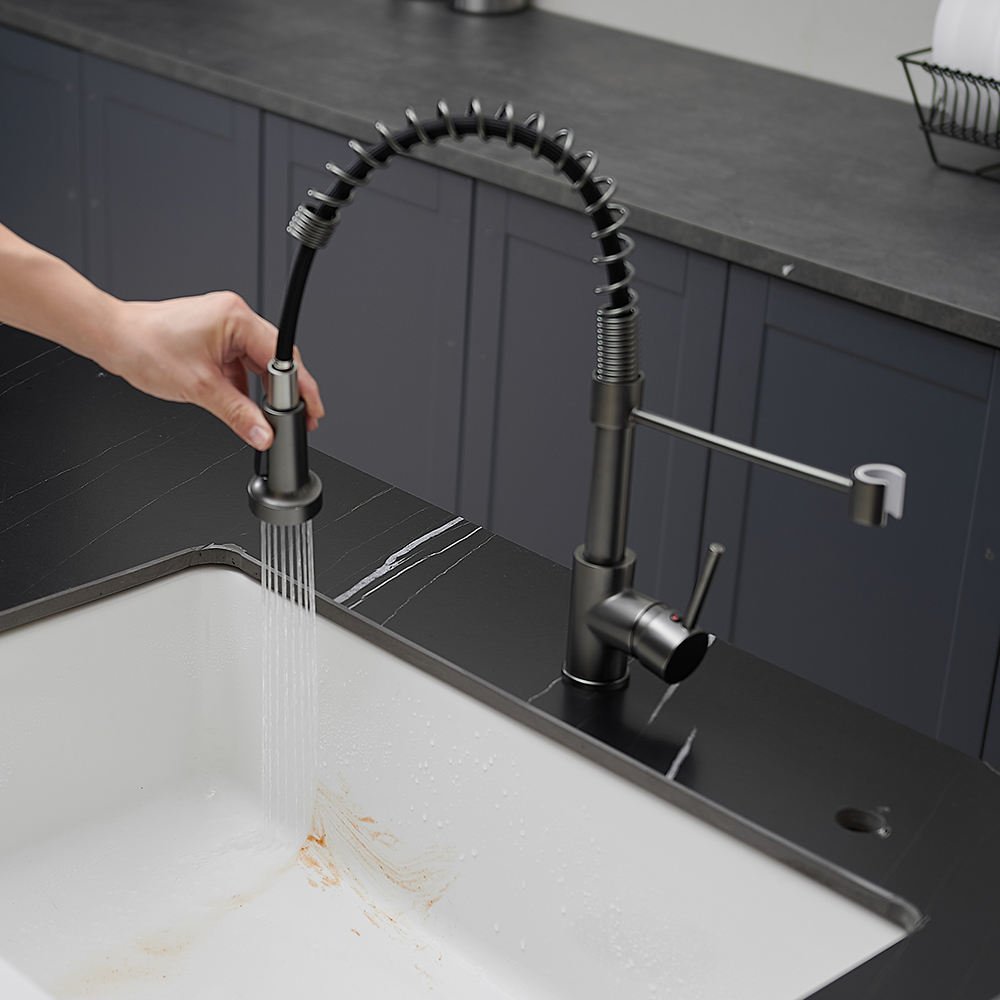 Modern Brass Black Single Handle Deck Mounted Kitchen Faucet Single Hole Commercial Sink Mixer Tap Pull Sprayer Ceramic Valve