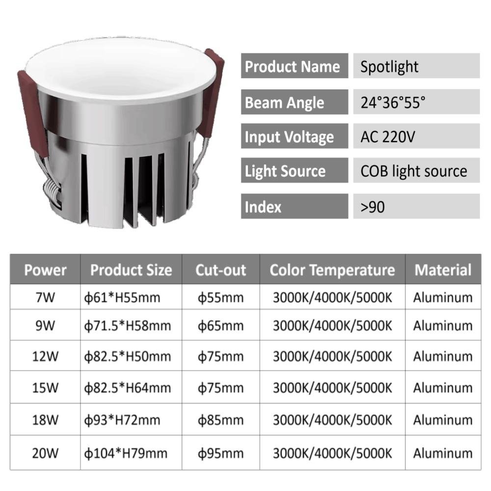 Ecolux 12W Factory-Mounted Spotlight Easy Installation Adjustable Indoor Lighting for Living Room Bedroom Office Aluminum Lamp