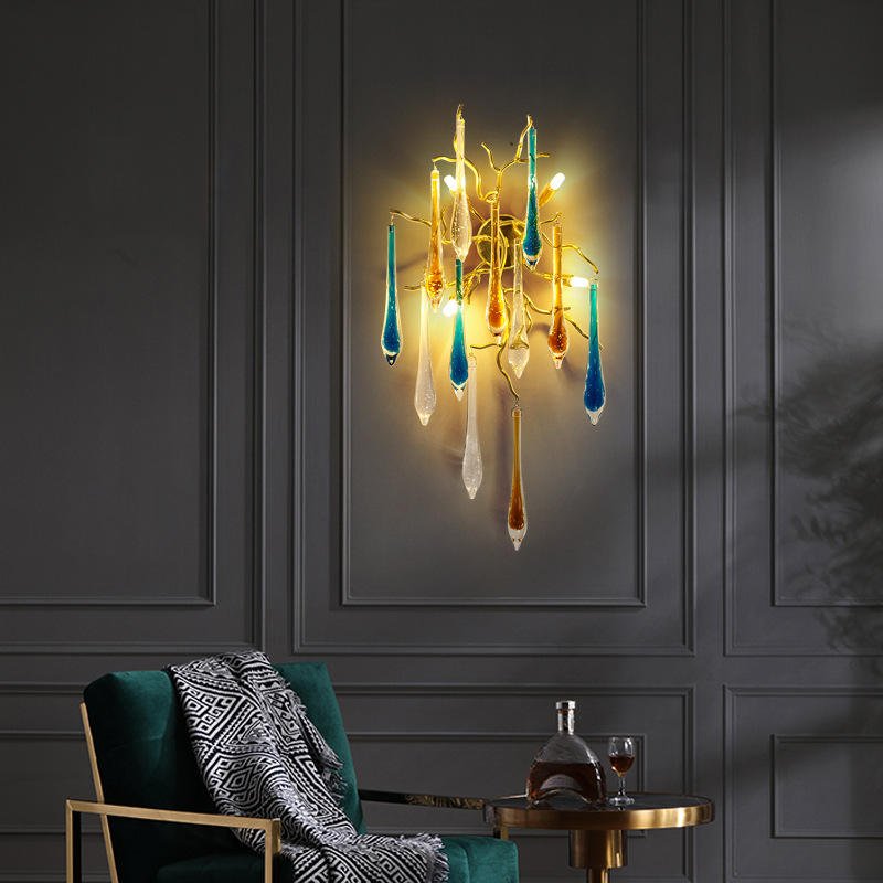 Home Indoor Decor Colorful Water Drop Pendant Home Luxury Branch Sconce Lighting Clear Crystal LED Wall Lamp