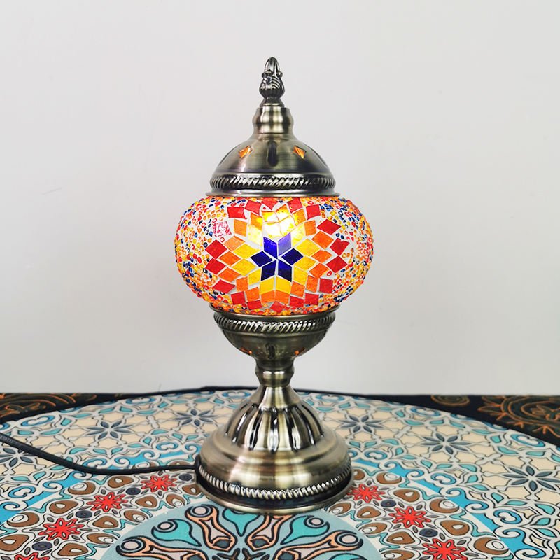Classic Red Mosaic Lamp Hand-cast Hardware Base, Turkish Table Lamp Retro Bedroom Living Room Restaurant Glass Electric Mini 15