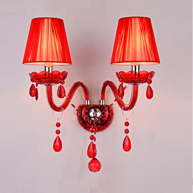 Luxury Modern Red Glass Metal Crystal Wall Lamp Indoor Double Wall Light for Hotel Home Wedding Banquet Hall Decoration