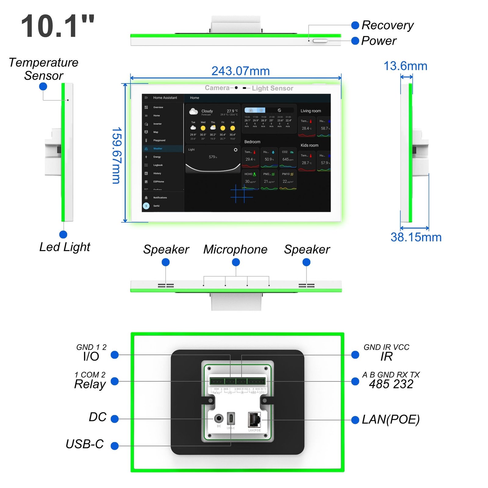 10.1 Inch Android 14 RK3576S Smart Home Security Alarm System Control Panel POE Wall Mount Tablet With RS485 I/O Port Device