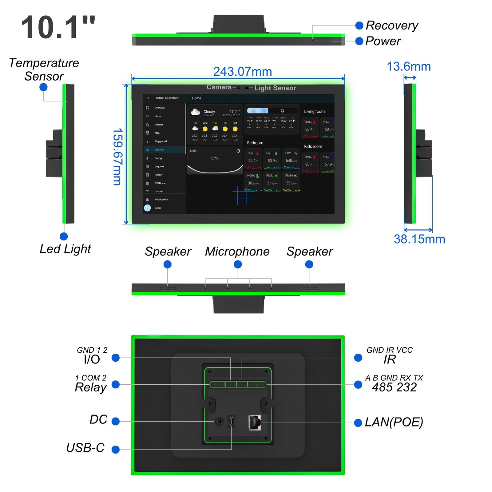 10.1 Inch Android 14 RK3576S Home Assistant Dashboard POE Wall Mount Smart Home Panel Zigbee Matter Thread Touch Tablet Device