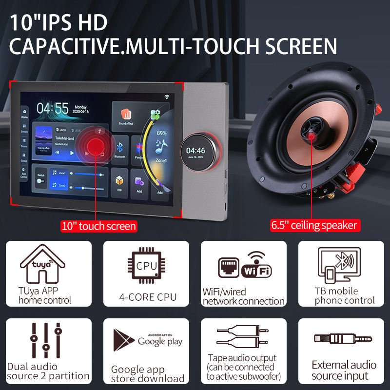 Smart Home Background Music System Two Zones Tuya zigbee Google Play 10 Inch Intelligent Central Control Panel Wall Amplifier