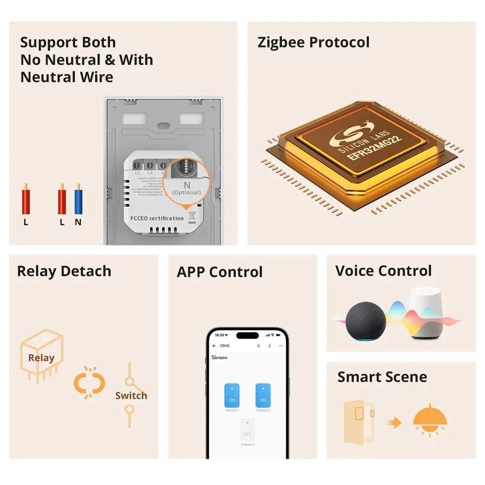 ZBM5 120 Type Zigbee 3.0 Smart Light Wall Switch Interruptor Inteligente No Neutral or with Neutral Control with Alexa