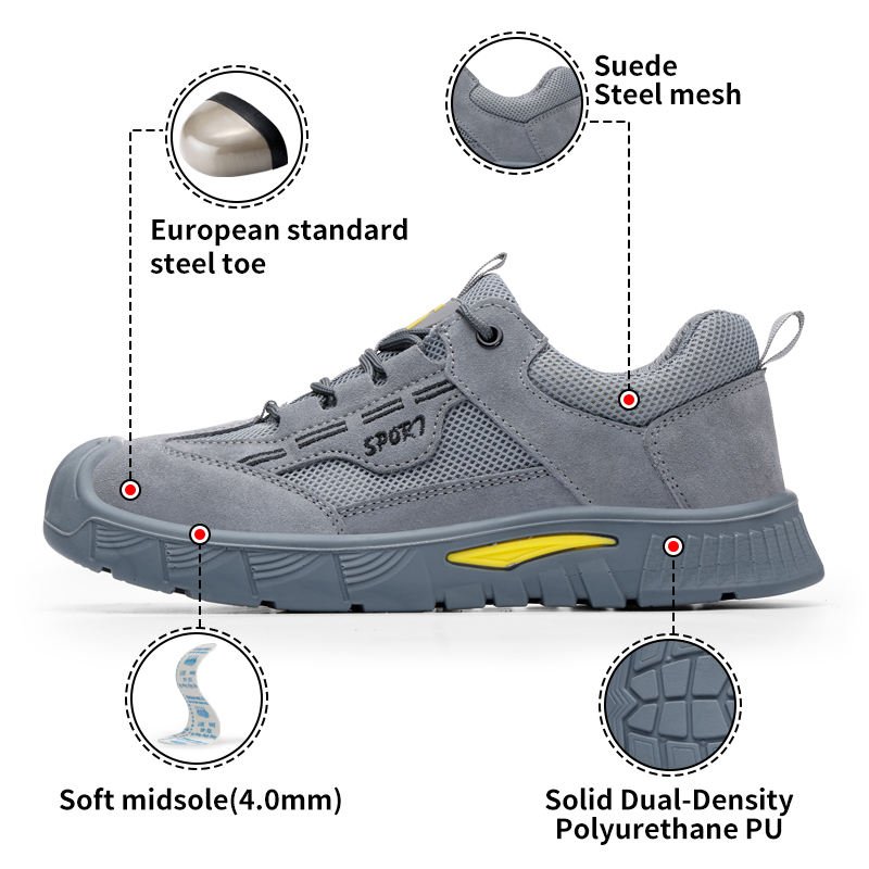GUYISA Safety Shoes Soft Faux Suede Steel Toe Summer Breathable Wear Resistant Lightweight Safety Work Shoes for Men