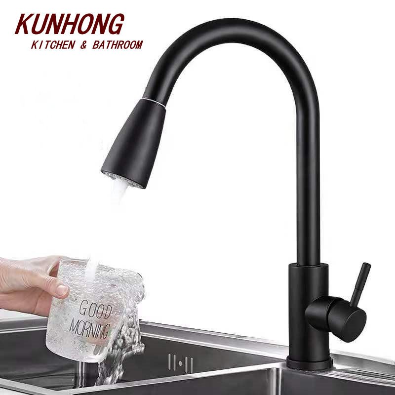Simply Hot and Cold Dual Mode Outlet Water Stainless Steel Blackened Pull Down Kitchen Faucet With Sprayer