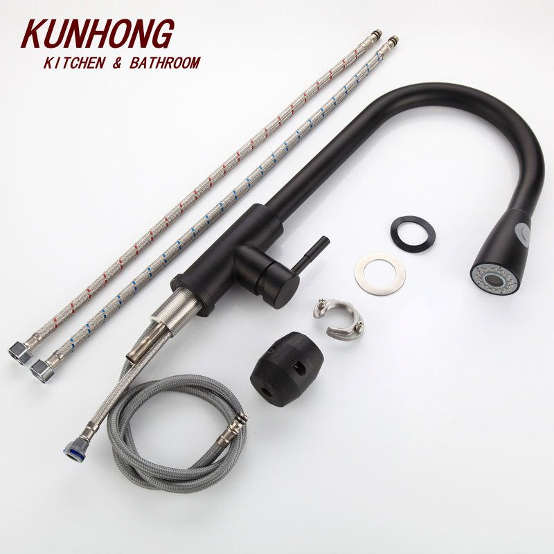 Simply Hot and Cold Dual Mode Outlet Water Stainless Steel Blackened Pull Down Kitchen Faucet With Sprayer