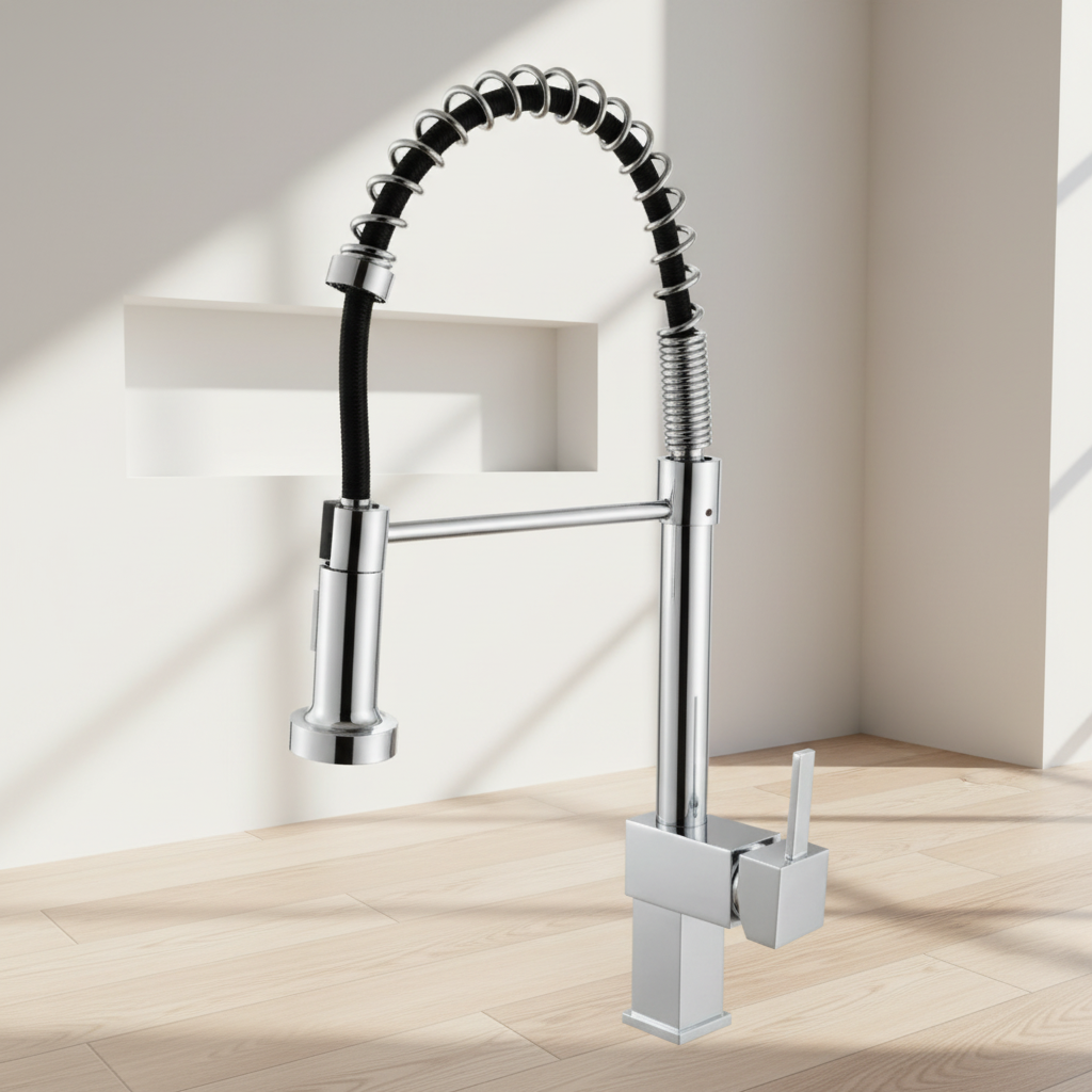 BOYI Modern Single-Handle Stainless Steel Kitchen Faucet with Ceramic Valve Chrome Pull Down Spray and Single Hole Installation