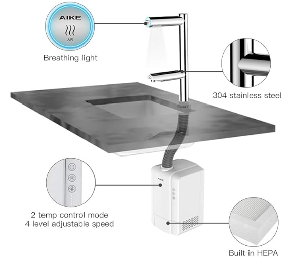 All in One Commercial Hotel Tap Hand Dryer AK7130 10s High Speed Touch-free Sensor Operated for Ultimate Hygiene Space Saving