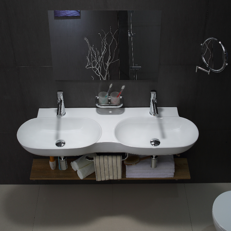 Chaozhou White Ceramic Washbasin with Double Basin and Double Hole Design: Exquisite, Easy to Clean, and Affordable BF0392